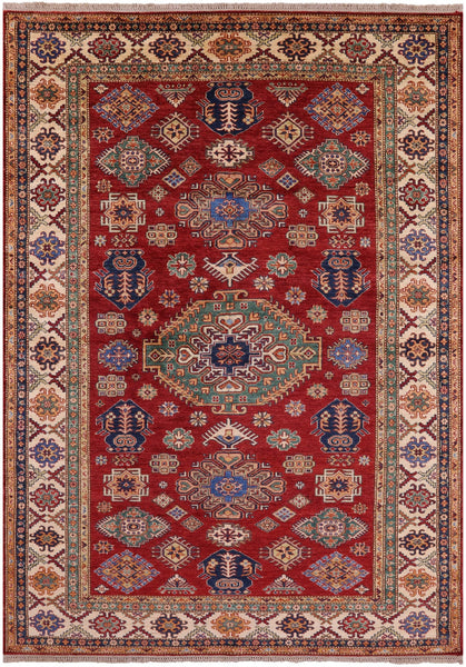 Red Super Kazak Hand Knotted Wool Rug - 6' 10" X 9' 9" - Golden Nile