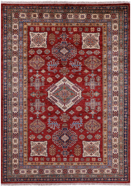 Red Super Kazak Handmade Wool Rug - 5' 0" X 6' 11" - Golden Nile