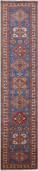 Blue Super Kazak Hand Knotted Wool Runner Rug - 2' 10" X 13' 2" - Golden Nile
