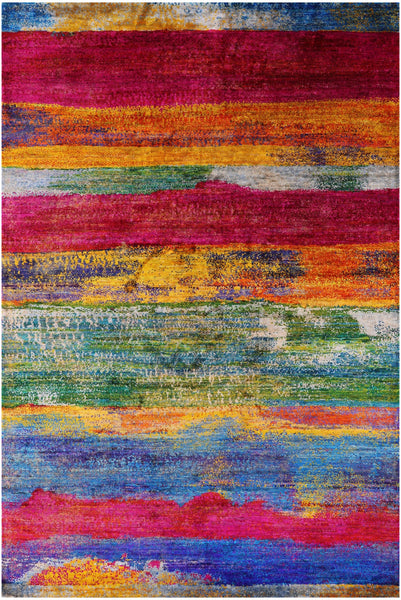 Abstract Modern Hand Knotted 100% Silk Rug - 5' 5" X 8' 2" - Golden Nile