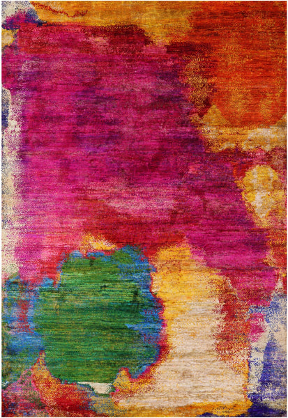 Abstract Modern Hand Knotted 100% Silk Rug - 5' 5" X 8' 2" - Golden Nile