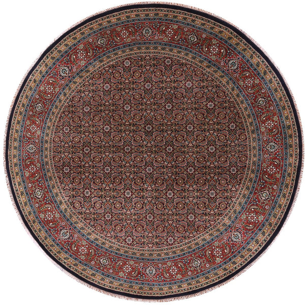 Round Persian Hill Herati Handmade Wool Rug - 8' 11" X 8' 11" - Golden Nile