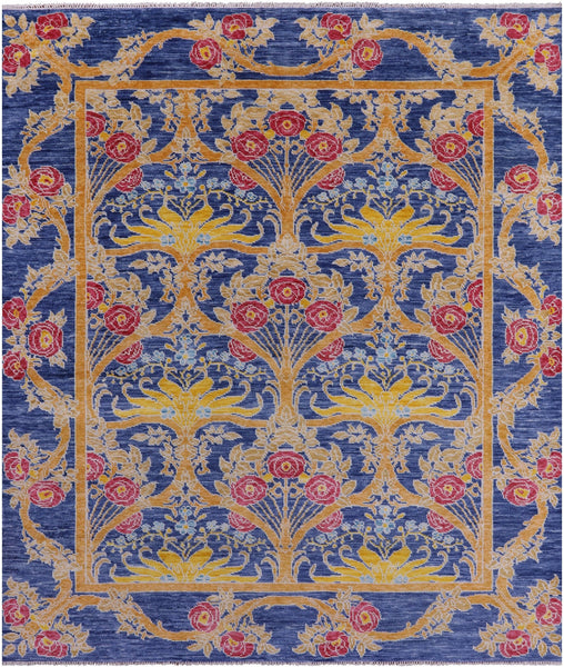 Blue William Morris Hand Knotted Wool Rug - 8' 7" X 10' 0" - Golden Nile