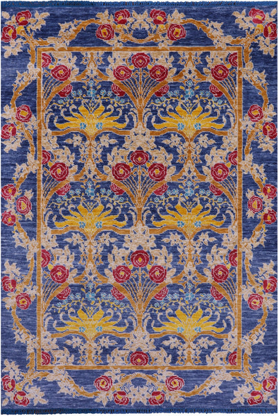Blue William Morris Hand Knotted Wool Rug - 5' 10" X 8' 7" - Golden Nile