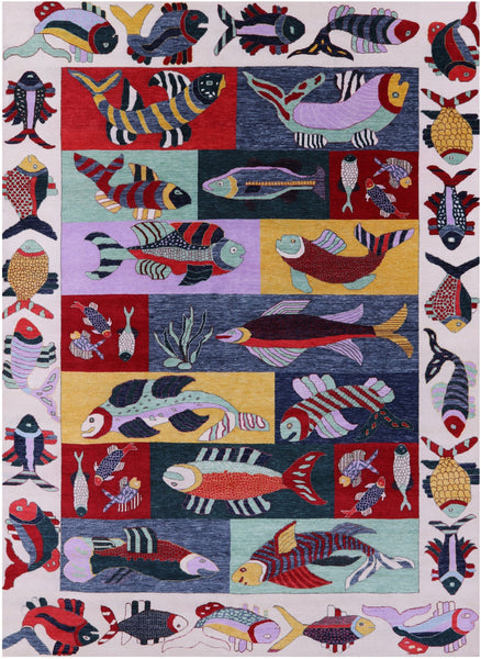 Fish Design Persian Gabbeh Hand Knotted Wool Rug - 8' 11" X 12' 3" - Golden Nile