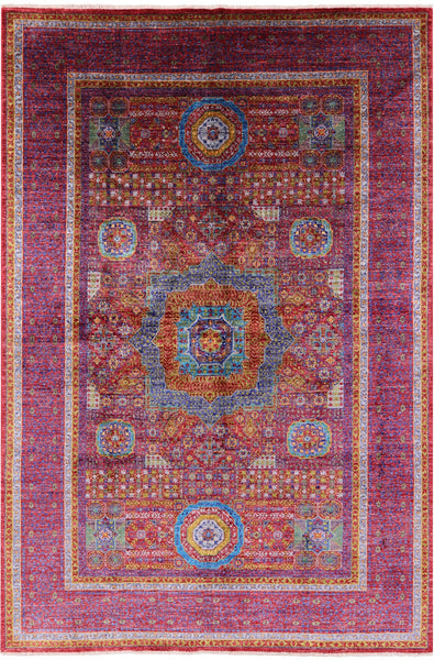 Red Geometric Persian Mamluk Hand Knotted Wool Rug - 6' 9" X 9' 9" - Golden Nile