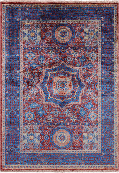 Red Geometric Persian Mamluk Hand Knotted Wool Rug - 3' 4" X 4' 8" - Golden Nile