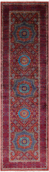 Red Geometric Persian Mamluk Hand Knotted Wool Runner Rug - 2' 9" X 9' 6" - Golden Nile