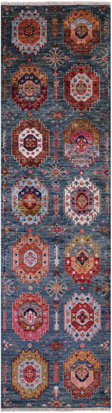 Green Turkmen Ersari Hand Knotted Wool Runner Rug - 2' 10" X 10' 7" - Golden Nile