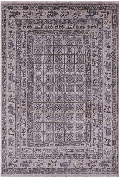 Grey Antiqued Pazyryk Historical Design Handmade Wool Rug - 6' 1" X 8' 10" - Golden Nile