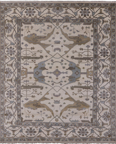 Ivory Turkish Oushak Hand Knotted Wool Area Rug - 8' 1" X 9' 9" - Golden Nile