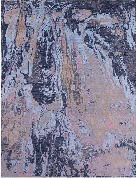 Abstract Contemporary Hand Knotted Wool & Silk Rug - 8' 11" X 12' 1" - Golden Nile