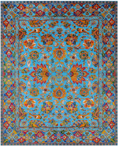 Blue Persian Hand Knotted Wool & Silk Rug - 8' 0" X 10' 1" - Golden Nile