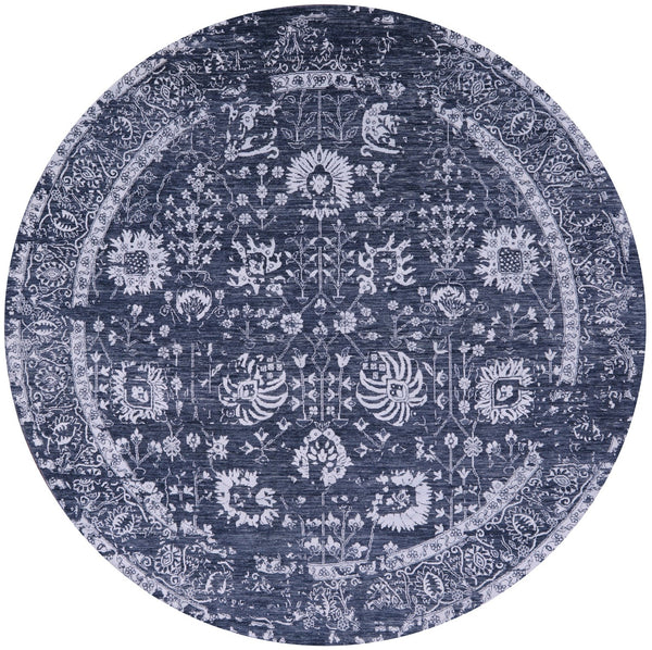 Grey Round Persian Hand Knotted Wool & Silk Rug - 7' 11" X 7' 11" - Golden Nile