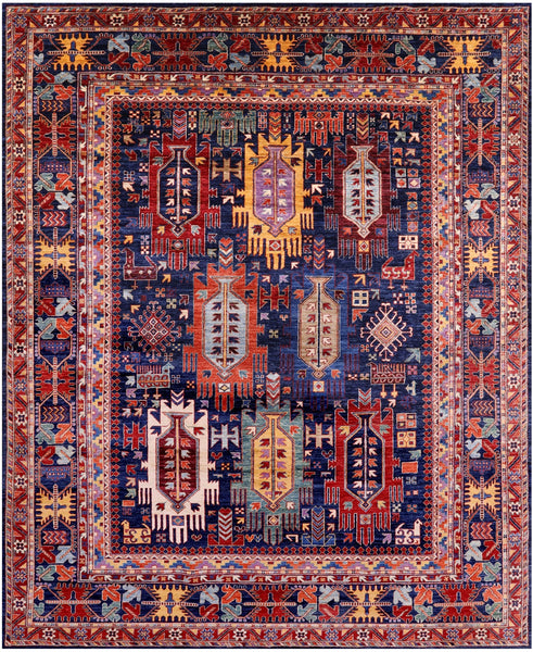 Blue Persian Fine Serapi Hand Knotted Wool Rug - 8' 0" X 9' 11" - Golden Nile