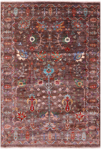 Brown Peshawar Hand Knotted Wool Rug - 4' 10" X 6' 10" - Golden Nile