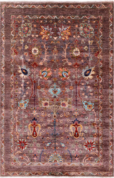 Brown Peshawar Handmade Wool Rug - 4' 1" X 6' 1" - Golden Nile