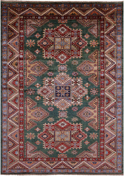 Green Super Kazak Hand Knotted Wool Rug - 5' 7" X 7' 10" - Golden Nile