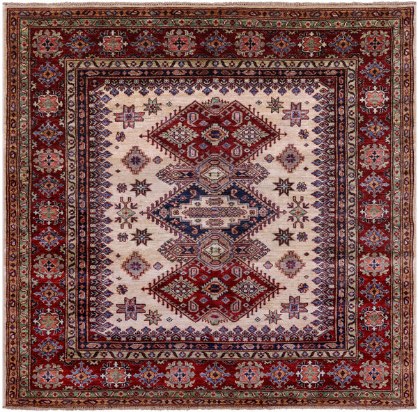 Ivory Square Super Kazak Hand Knotted Wool Rug - 6' 0" X 6' 2" - Golden Nile