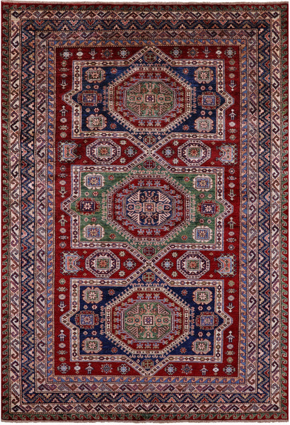 Red Super Kazak Hand Knotted Wool Rug - 6' 0" X 8' 10" - Golden Nile