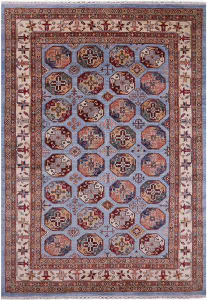 Blue Turkmen Ersari Hand Knotted Wool Rug - 6' 11" X 9' 9" - Golden Nile