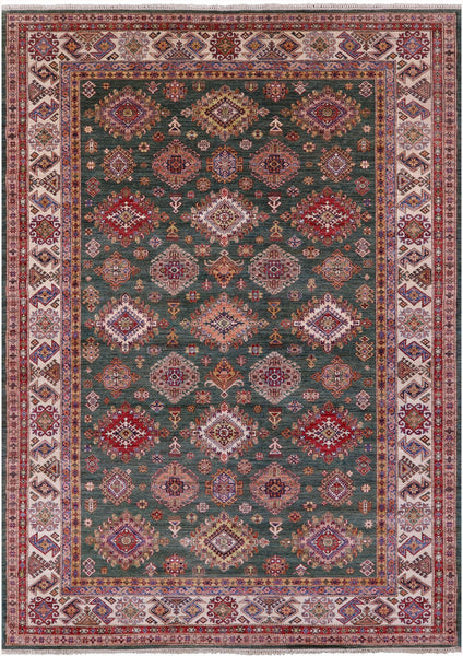 Green Super Kazak Hand Knotted Wool Rug - 9' 0" X 12' 9" - Golden Nile