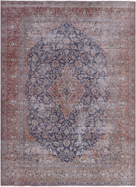Blue Persian Vintage White Wash Hand Knotted Wool Rug - 8' 10" X 12' 7" - Golden Nile