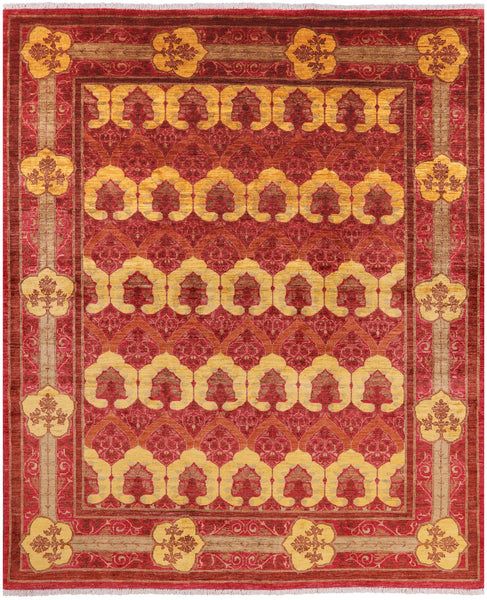 Red William Morris Handmade Wool Area Rug - 8' 2" X 9' 8" - Golden Nile