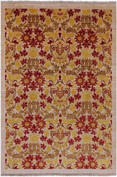 Ivory William Morris Hand Knotted Wool Area Rug - 6' 3" X 8' 10" - Golden Nile