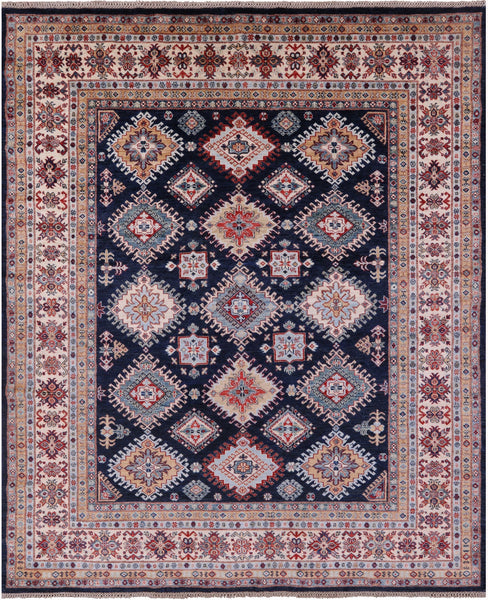 Blue Super Kazak Handmade Wool Rug - 8' 0" X 9' 9" - Golden Nile