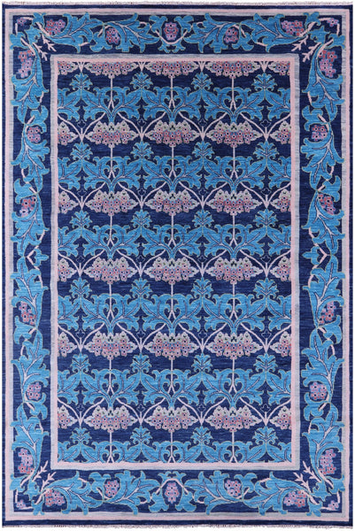 Blue William Morris Hand Knotted Wool Rug - 10' 0" X 14' 8" - Golden Nile