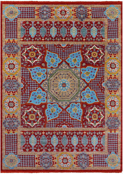 Red Geometric Persian Mamluk Hand Knotted Wool Rug - 9' 10" X 13' 9" - Golden Nile