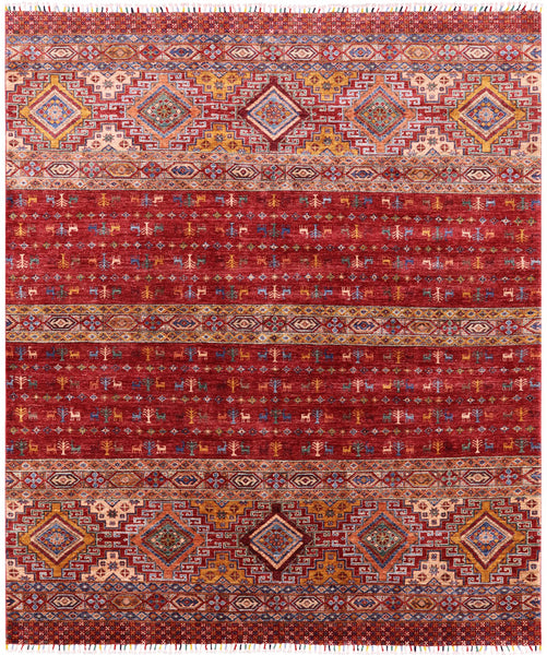 Red Tribal Persian Gabbeh Hand Knotted Wool Area Rug - 8' 3" X 9' 8" - Golden Nile