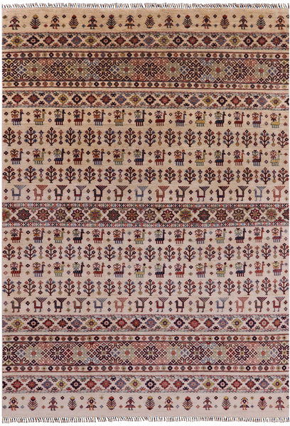 Ivory Tribal Gabbeh Hand Knotted Wool Area Rug - 8' 2" X 11' 10" - Golden Nile