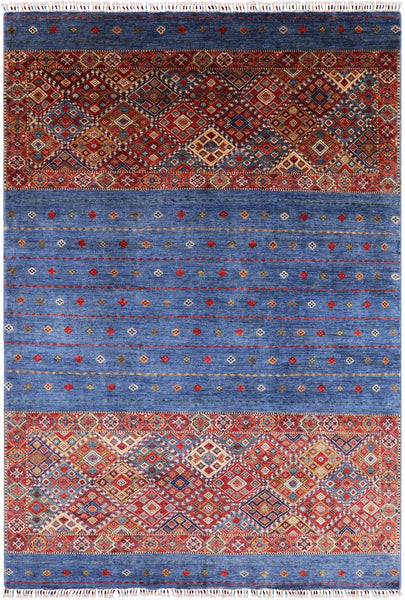 Blue Khorjin Persian Gabbeh Handmade Wool Rug - 6' 8" X 9' 9" - Golden Nile