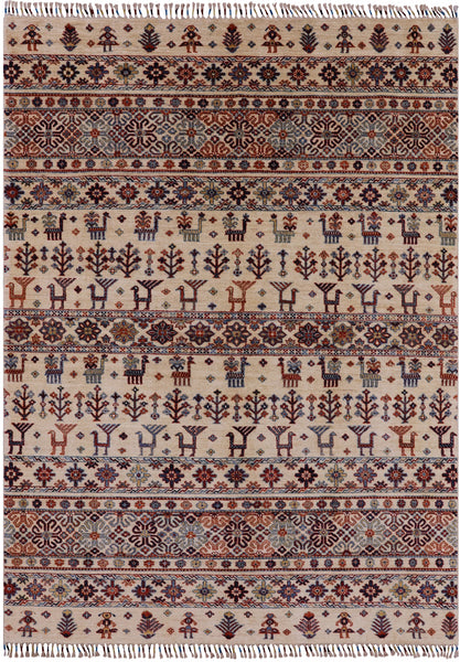 Ivory Tribal Gabbeh Handmade Wool Area Rug - 5' 9" X 8' 0" - Golden Nile