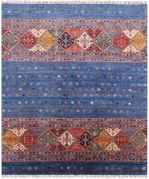 Blue Khorjin Persian Gabbeh Hand Knotted Wool Area Rug - 8' 0" X 9' 7" - Golden Nile