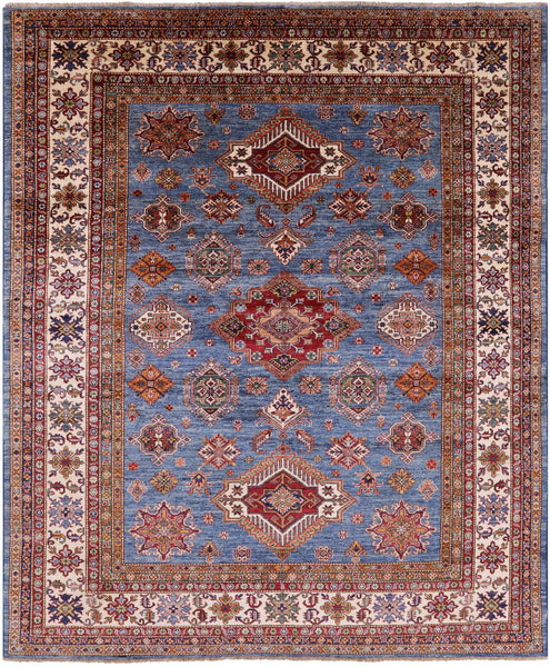 Blue Super Kazak Hand Knotted Wool Area Rug - 8' 0" X 9' 8" - Golden Nile