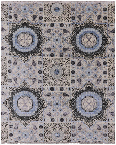 Geometric Persian Mamluk Handmade Wool & Silk Rug - 8' 0" X 9' 11" - Golden Nile