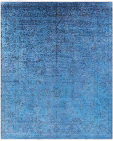 Blue Full Pile Overdyed Hand Knotted Wool Area Rug - 8' 0" X 9' 9" - Golden Nile