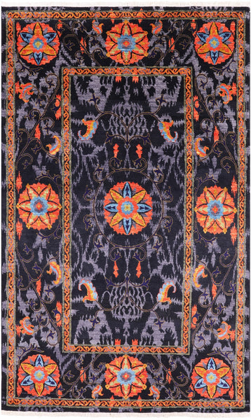 Black William Morris Hand Knotted Wool Rug - 5' 2" X 8' 5" - Golden Nile