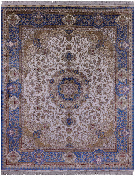 Ivory High End Persian Hand Knotted 100 % Silk Rug - 8' 0" X 10' 0" - Golden Nile