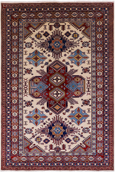 Ivory Super Kazak Hand Knotted Wool Rug - 5' 10" X 8' 7" - Golden Nile