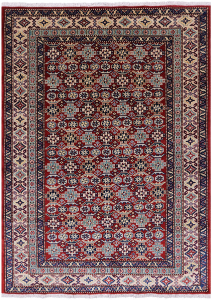 Red Super Kazak Hand Knotted Wool Rug - 4' 3" X 5' 9" - Golden Nile