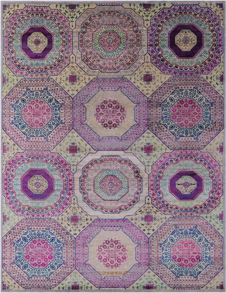 Geometric Persian Mamluk Hand Knotted Wool & Silk Rug - 9' 0" X 11' 9" - Golden Nile