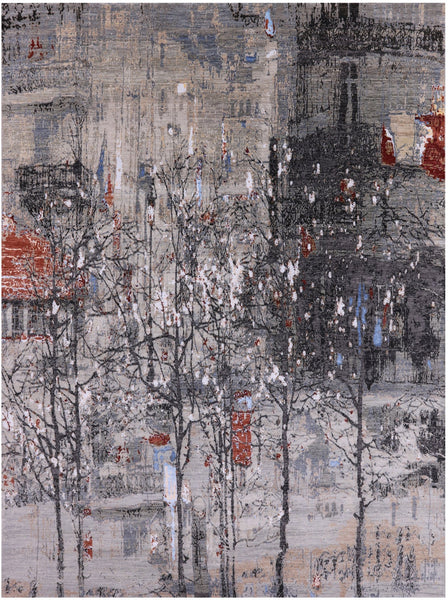 Modern Handmade Wool & Silk Urban Design Rug - 9' 2" X 12' 1" - Golden Nile