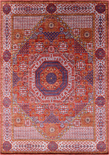 Red Geometric Persian Mamluk Handmade Wool Rug - 9' 0" X 12' 9" - Golden Nile