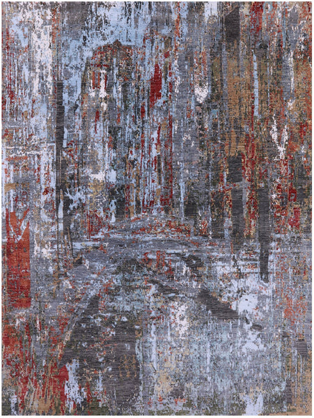 Abstract Contemporary Hand Knotted Wool & Silk Rug - 9' 0" X 12' 2" - Golden Nile