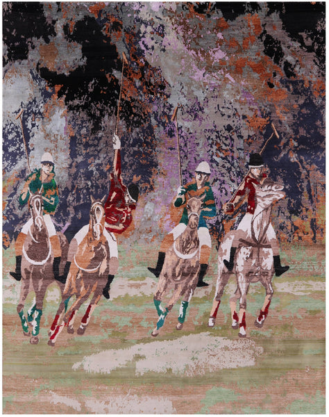 Horse Polo Contemporary Hand Knotted Wool & Silk Rug - 8' 0" X 10' 2" - Golden Nile