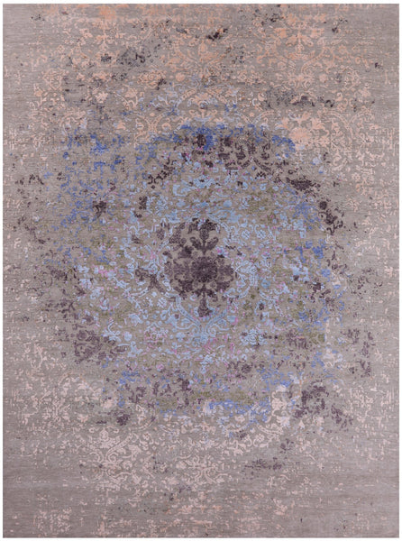 Abstract Modern Hand Knotted Wool & Silk Rug - 8' 11" X 12' 1" - Golden Nile